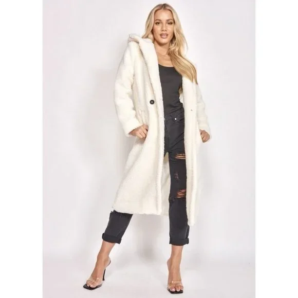 1 DAY SALE! Long Sleeve Hoodie Hooded Long Maxi Borg Teddy Bear Fur Coat - Picture 2 of 15